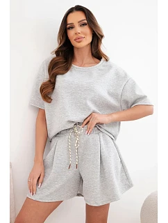 Dámský viskózový máslový komplet s krátkým rukávem a šortky s vysokým pasem šedý melanž