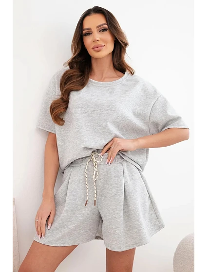Dámský viskózový máslový komplet s krátkým rukávem a šortky s vysokým pasem šedý melanž