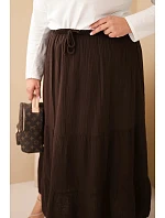 Dámská sukně plus size bavlněná mušelínová s volánem a gumou hnědá