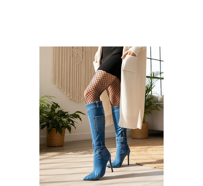 Dámské kozačky na podpatku model 22038538 Jeans modrá - Step in style