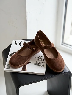 Kožené semišové baleríny Barefoot s páskem Zazoo 10206 Čokoládové