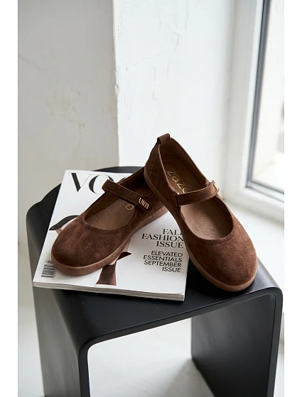 Kožené semišové baleríny Barefoot s páskem Zazoo 10206 Čokoládové