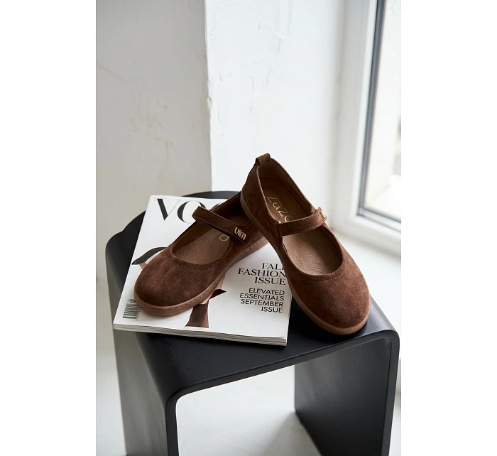 Kožené semišové baleríny Barefoot s páskem Zazoo 10206 Čokoládové