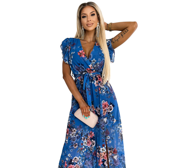 Světle modré dlouhé květované dámské šaty s výstřihem a krátkými rukávy model 18708777 - numoco basic