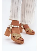 Kožené Sandály Na Podpatku S Pletením Na  Zlaté model 21697421 - Zazoo