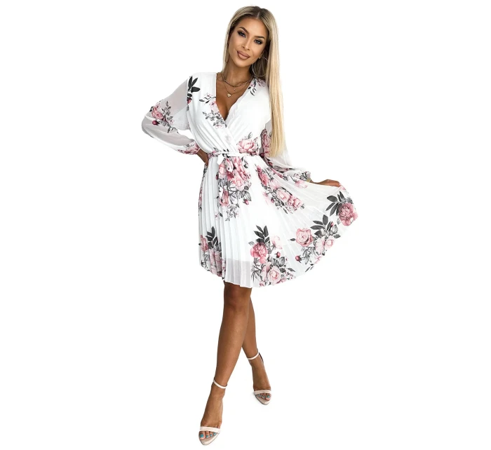 Bílé dámské plisované šaty se vzorem výstřihem, dlouhými rukávy a páskem model 22077518 - numoco basic