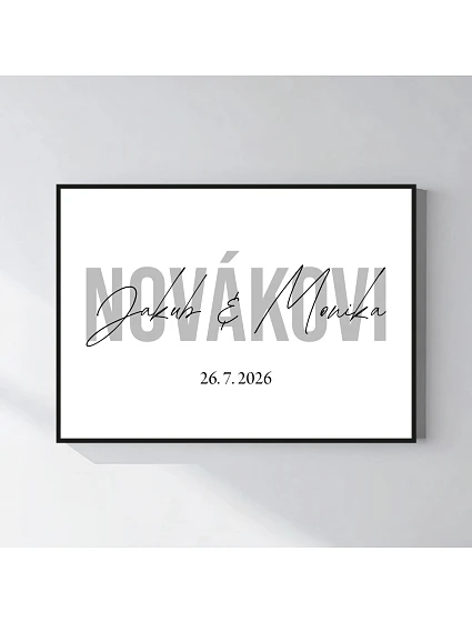 Personalizovaný magický fotoobraz v rámu - čtverec 50x70 - jména novomanželů Personalizovaný magický fotoobraz v rámu - čtverec 50x70 - jména novomanželů