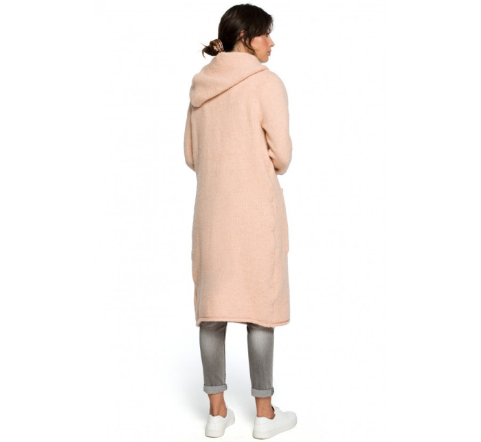 BK016 Dlouhý svetr s kapucí a bočními kapsami - světle růžový