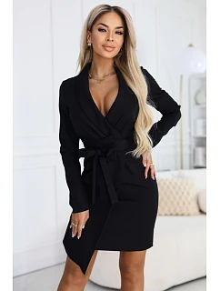 670-1 Elegantní tmavě modré šaty s páskem a asymetrickým spodním dílem - černé