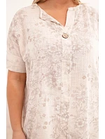 Dámská bavlněná halenka Plus Size s krátkým rukávem a ozdobným knoflíkem béžová