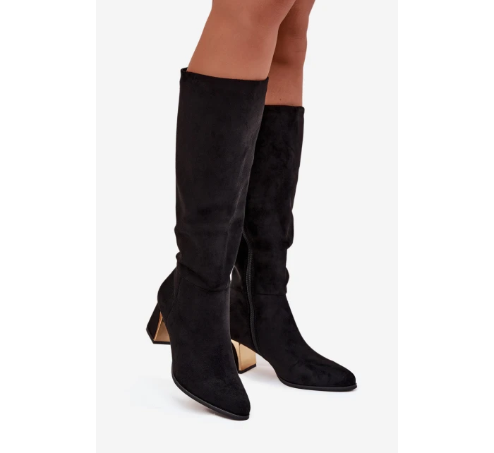 Dámské kozačky na podpatku se zlatým prvkem černé Nivarae