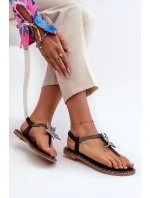 Dámské ploché sandály s ozdobnou květinou, Black Edoni Dámské ploché sandály s ozdobnou květinou, Black Edoni