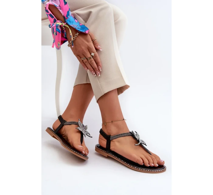 Dámské ploché sandály s ozdobnou květinou, Black Edoni Dámské ploché sandály s ozdobnou květinou, Black Edoni
