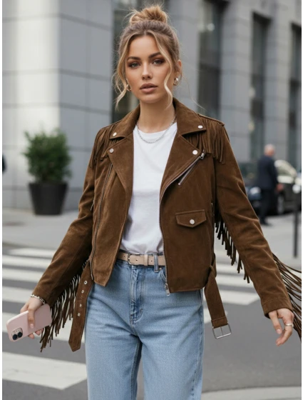 Dámská semišová bunda se střapci hnědá FashionStreet TY5582