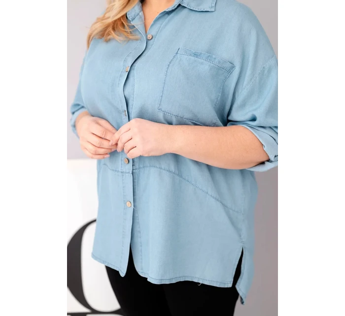 Dámská košile Plus Size z lyocellu s prodlouženým zadním dílem a rukávem na knoflík světle džínová