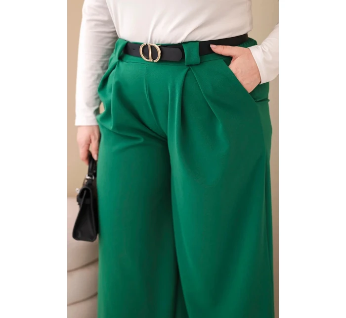 Dámské kalhoty Plus Size viskózové s širokými nohavicemi a páskem zelené