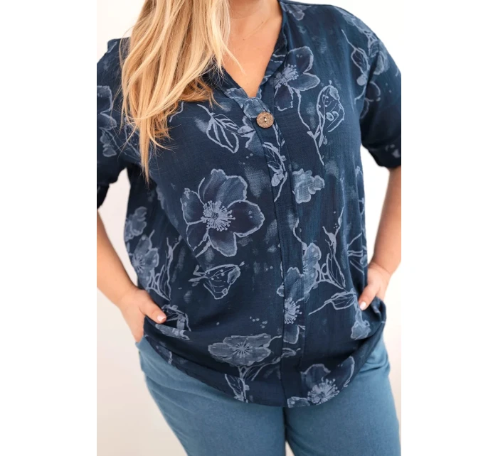 Dámská bavlněná halenka Plus Size s květinovým vzorem námořnická modrá