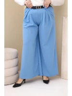 Dámské kalhoty Plus Size viskózové s širokým nohavicí a páskem modré