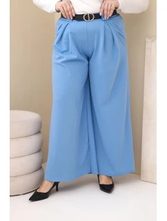 Dámské kalhoty Plus Size viskózové s širokým nohavicí a páskem modré