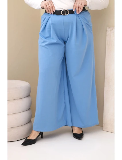 Dámské kalhoty Plus Size viskózové s širokým nohavicí a páskem modré