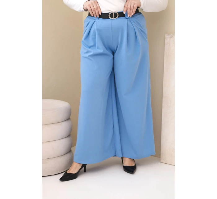 Dámské kalhoty Plus Size viskózové s širokým nohavicí a páskem modré