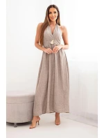 Dámské maxi viskózové šaty vázané na krku s ozdobnou přezkou fango