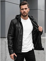 Pánská kožená zateplená bunda s kapucí, černá, FashionStreet TX5145 Pánská kožená zateplená bunda s kapucí, černá, FashionStreet TX5145