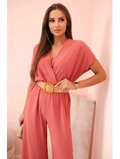 Kombinéza s ozdobným páskem v pase tmavě růžová