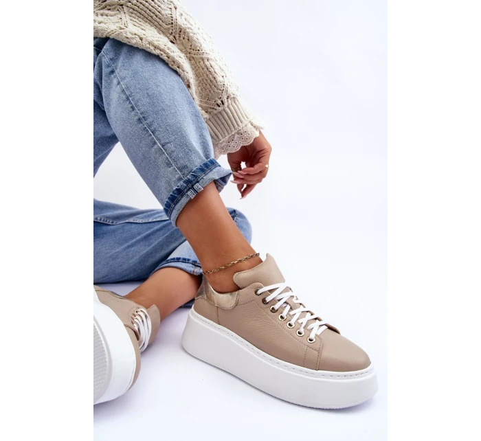 Dámské kožené sportovní boty na platformě Bežové Lemar model 21633508 - Boto Dámské kožené sportovní boty na platformě Bežové Lemar model 21633508 - Boto