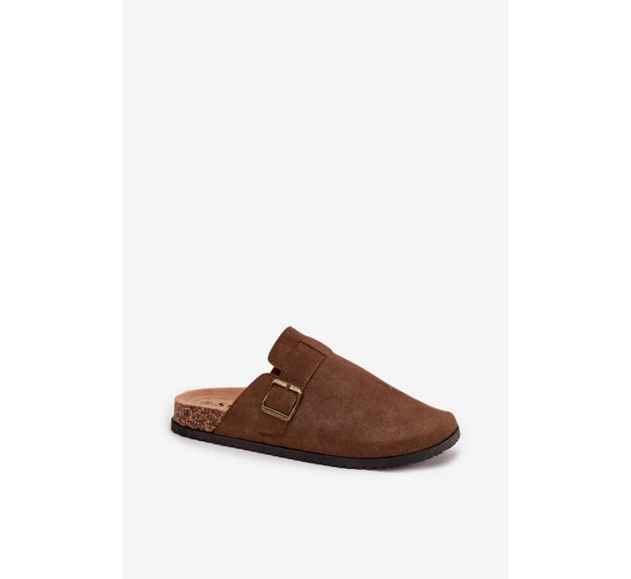 Dámské pantofle a chodaki na platformě s přezkou – hnědé Selio