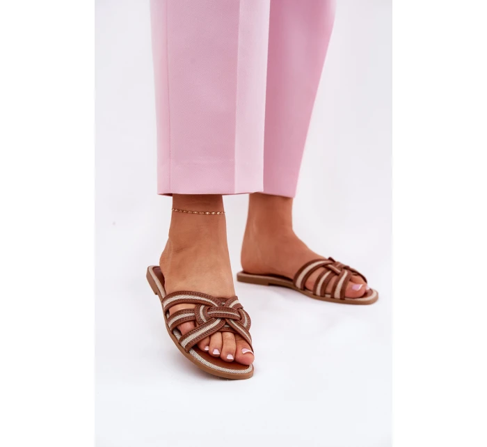 Dámské Ploché Pantofle S Propletenými Pásky Hnědé Acimine Dámské Ploché Pantofle S Propletenými Pásky Hnědé Acimine