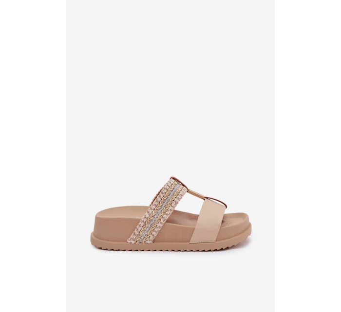 Dámské platformové pantofle se pásky a zlatým detailem Béžové Tahlia