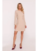 S419 Šaty s ozdobnými knoflíky v pase - béžové