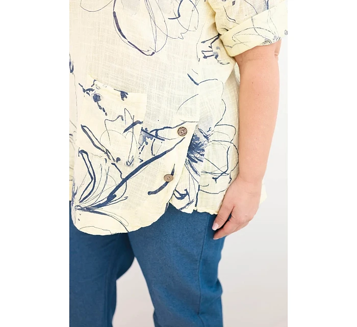 Dámská bavlněná halenka Plus Size s krátkým rukávem a kapsou žlutá Dámská bavlněná halenka Plus Size s krátkým rukávem a kapsou žlutá