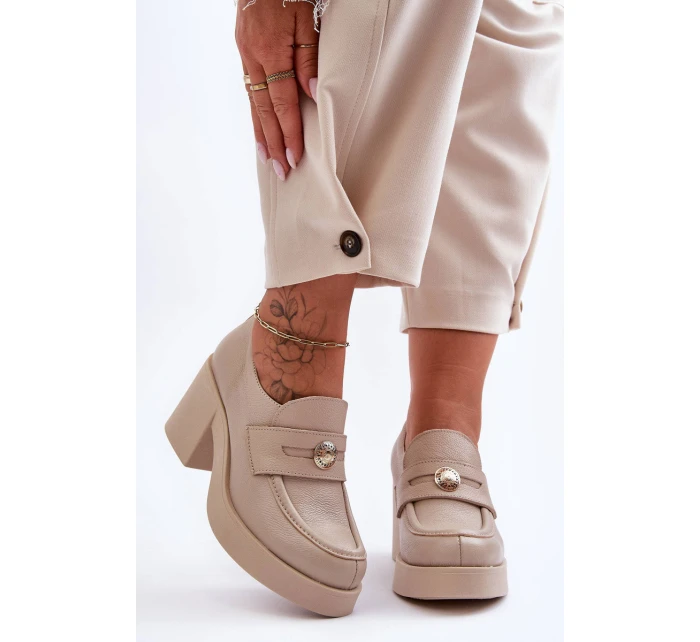 Kůže Dámské Polobotky Na Sloupku Bežové model 21630078 - Boto Kůže Dámské Polobotky Na Sloupku Bežové model 21630078 - Boto