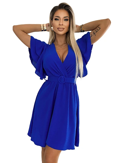 Dámské šaty s obálkovým výstřihem, rukávy a páskem model 22304046 - numoco basic Dámské šaty s obálkovým výstřihem, rukávy a páskem model 22304046 - numoco basic