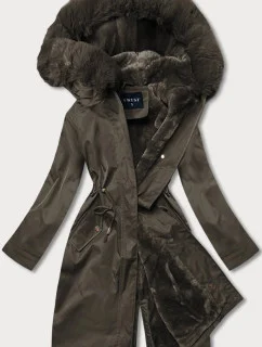 Dámská zimní bunda v khaki barvě s podšívkou z mechovité kožešiny (b537-11)