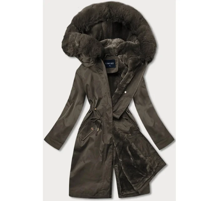 Dámská zimní bunda v khaki barvě s podšívkou z mechovité kožešiny (b537-11)