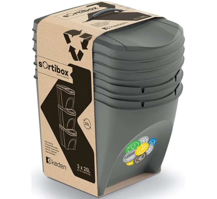 Odpadkové koše 25 l SORTIBOX SET 3 PACK OF GRAY STONE dětské