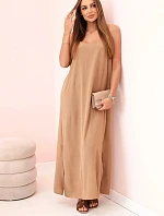 Dlouhé šaty bez ramínek světlý velbloud