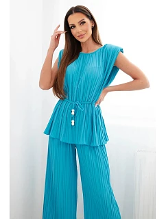 Dámský viskózový komplet se halenkou a širokými kalhotami tyrkysový model 22048847 - K-Fashion