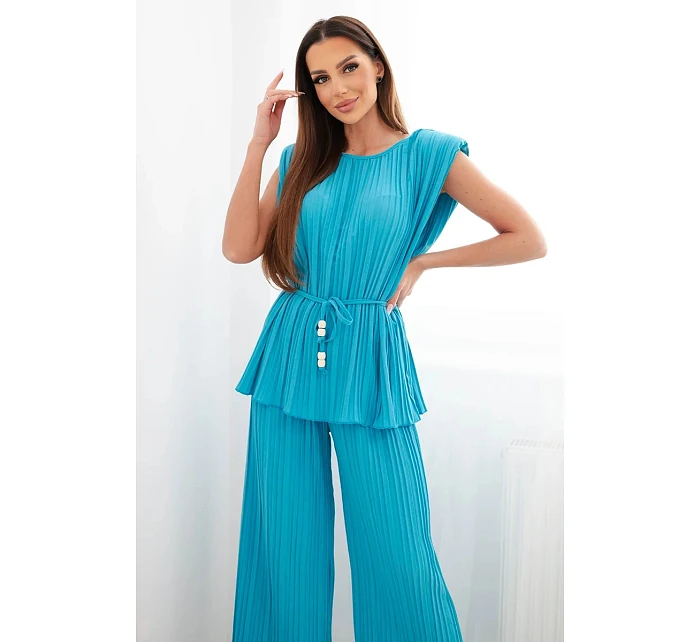 Dámský viskózový komplet se halenkou a širokými kalhotami tyrkysový model 22048847 - K-Fashion Dámský viskózový komplet se halenkou a širokými kalhotami tyrkysový model 22048847 - K-Fashion