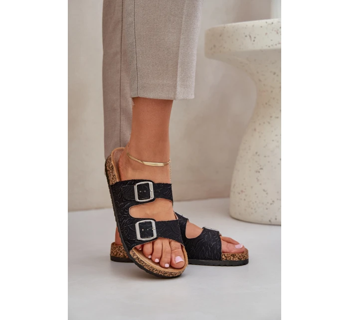 Textilní Pantofle Na Korkové Podešvi S Přezkami Černé Atera Textilní Pantofle Na Korkové Podešvi S Přezkami Černé Atera