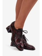 Kožené lakované dámské polobotky na podpatku s krystaly model 21712340 bordó - Artiker
