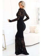 620-1 Večerní krajkové síťované maxi šaty s dlouhými rukávy - černé