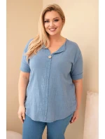 Dámská bavlněná halenka Plus Size s výstřihem na knoflíky džínová