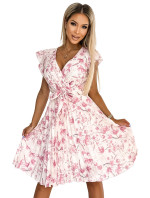 POLINA - Dámské plisované šaty s výstřihem, volánky a se vzorem růžových květů 374-6