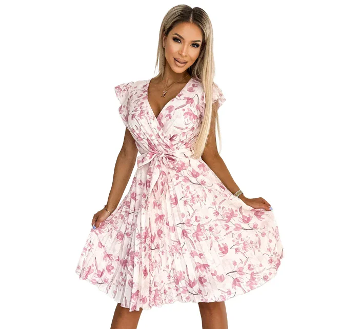 374-6 POLINA Plisované šaty s výstřihem a volánky - RŮŽOVÉ KVĚTY