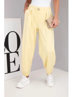 Dámské bavlněné kalhoty s vysokým pasem a ozdobným knoflíkem žluté