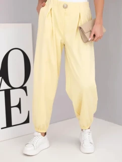 Dámské bavlněné kalhoty s vysokým pasem a ozdobným knoflíkem žluté